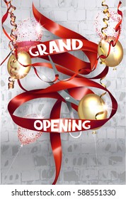 Grand opening invitation with curly ribbon, scissors and brick wall on the background. Vector illustration