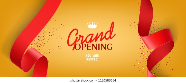 Grand opening invitation design with confetti, red ribbons, and crown. Festive template can be used for banners, flyers, posters.