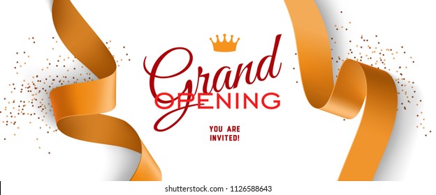 Grand opening invitation design with crown, gold ribbons and confetti. Festive template can be used for banners, flyers, posters.