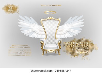 Grand opening invitation design template with brilliant lighting effects, a luxurious armchair with angel wings and text.