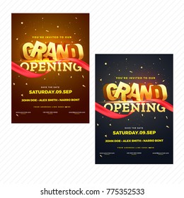 Grand Opening Invitation or Flyer Design with Golden Text and Red Ribbon in Brown and Black Color Options. 