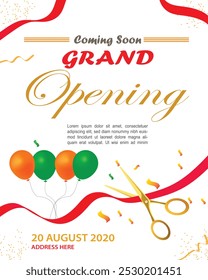 Grand opening invitation flyer with red and gold cut ribbons and scissors. Golden text on luxury background. Falling confetti with white balloons. Opening invitation design. Vector eps