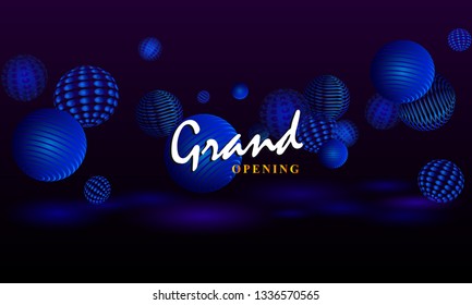 Grand Opening Invitation With  Flying Dynamic 3d Blue Neon Spheres. Abstract Blue Neon Balls Of Various Shapes. Dark Abstract  Background With Big Free Space For Your Advertising Or Your Message.
