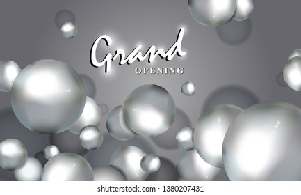 Grand Opening Invitation With  Flying Dynamic 3D Spheres. 3D sphere vector design. Black and white retro style invitation card for opening your business. Horizontal Banner or Poster 