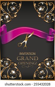 Grand opening invitation gold card with scissors,red ribbon ans floral design elements