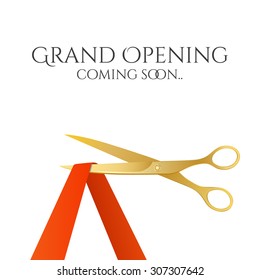 Grand opening invitation with gold scissors and red ribbon. Vector