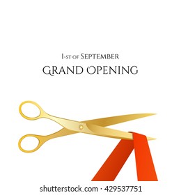 Grand opening invitation with gold scissors and red ribbon on black background. Vector