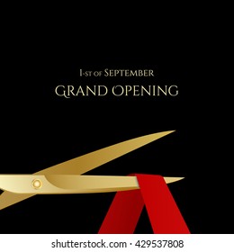 Grand opening invitation with gold scissors and red ribbon on black background. Vector