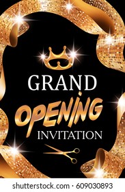 Grand opening invitation with gold sparkling curly ribbon, scissors . Vector illustration