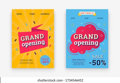 Grand opening invitation posters. Set of sale banners with text on creative background. Flat invite party flyer design. Vector illustration