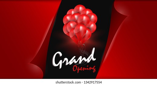 Grand Opening Invitation With Red Balloons And Red Ribbon With Curved Edges On Black Background. Grand Opening posters. Typographic design with realistic red glossy balloons