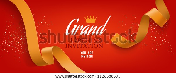 Grand opening invitation, red banner\
design with gold ribbon, crown and confetti. Festive template can\
be used for invitation cards, flyers,\
posters.
