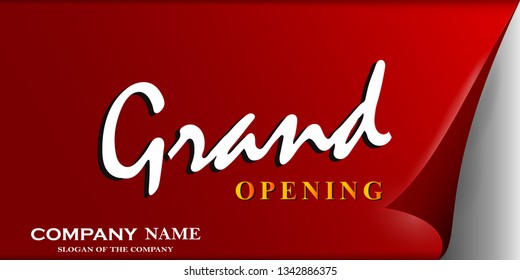 Grand Opening Invitation. Red ribbon with curved edge. Typographic design with with a curled corner of paper. Sticker. Vector illustration.