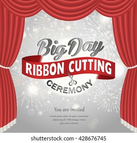Grand opening invitation. Stage with red curtains and sparkling salute vector illustration. Ribbon cutting with scissors festive design. Big day party invitation. Grand opening ceremony celebration
