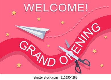Grand opening invitation template with a red ribbon, scissors, paper airplane and golden stars. Vector banner design.