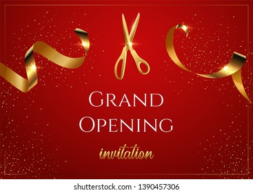 Grand opening invitation vector banner. Mall, store sales promotional poster. Shiny scissors cutting golden ribbon 3D realistic illustration. Serpentine with gradient effect. Advertising campaign