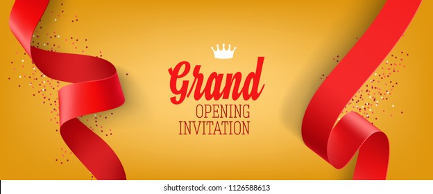 Grand opening invitation yellow banner design with red ribbon, crown and confetti. Festive template can be used for banners, flyers, posters.