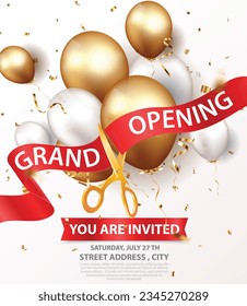 Grand opening invitations card design with gold ribbon, confetti and balloons