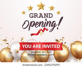 Grand opening invitations card design with gold ribbon, confetti and balloons
