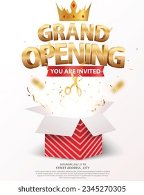 Grand opening invitations card design with gold ribbon, confetti and balloons