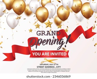 Grand opening invitations card design with gold ribbon, confetti and balloons