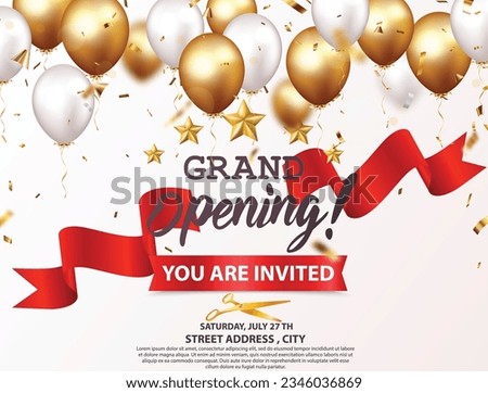 Grand opening invitations card design with gold ribbon, confetti and balloons