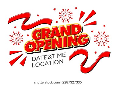Grand opening invitationt template with burst of firework. Ribbon cutting ceremony. Vector on transparent background