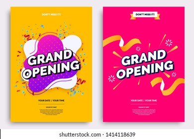 Grand opening invitationt template. Colorful creativity design with bold text, bright background and a burst of confetti. Ribbon cutting ceremony. Vector illustration.