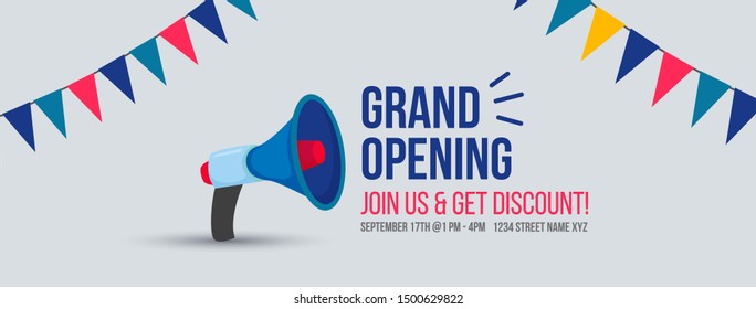 Grand Opening join us and get discount with speaker facebook cover and banner for website template. Grand opening join us to get discount cover with celebration. Opening cermony Invitation cover