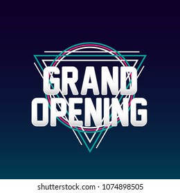 grand opening, label or sign with triangle icon for poster or holidays event background