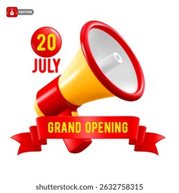 Grand Opening label template with 3d megaphone, red ribbon and text. Advertising business concept with loudspeaker. Announcement about new startup. New store promotion. Isolated vector illustration