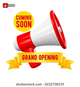 Grand Opening label template with 3d megaphone, red ribbon and text. Advertising business concept with loudspeaker. Announcement about new startup. New store promotion. Isolated vector illustration