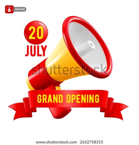 Grand Opening label template with 3d megaphone, red ribbon and text. Advertising business concept with loudspeaker. Announcement about new startup. New store promotion. Isolated vector illustration