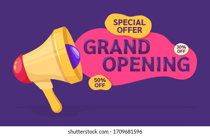 Grand opening label typography graphic design. Special offers, discounts, labels banners template. Layout for sale, advertising, banner, poster, shopping, product, promotion vector illustration