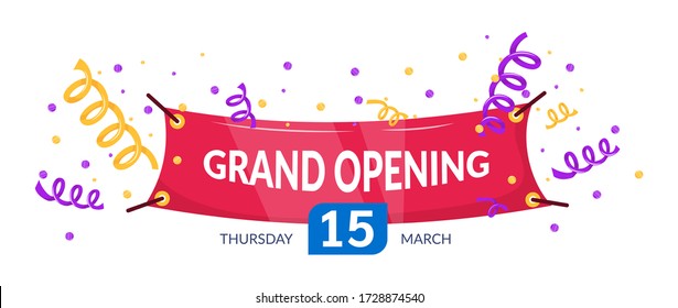 Grand opening label typography graphic design. Grand opening invitation, placard banners template. Layout for sale, advertising, banner, promo poster, promotion announce tag, sticker vector