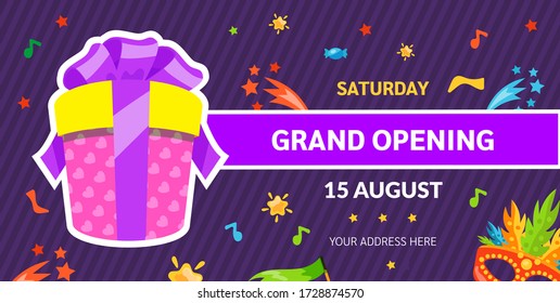 Grand opening label typography graphic design. Grand opening invitation, banners template with gift. Advertising, banner, promo poster, promotion announce tag, party invitation, flyer template vector