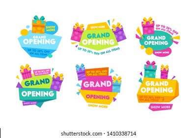 Grand Opening Labels and Badges Set with Colorful Typography, Cartoon Gift Boxes and Geometric Shapes. Templates Collection Design for Promo Posters, Advertising Banners, Ad Flyers Vector Illustration