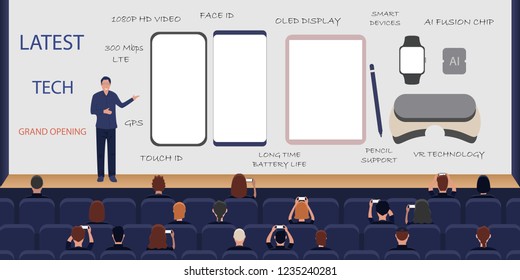 Grand opening latest technology,newest phones,tablets,smart devices and vr tech,show latest future product in hall,exhibition visitors developer viewing newest tech,flat style,vector illustration.