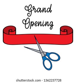 Grand opening lettering vector illustration with red ribbon and scissors. Template for banner, poster, invitation. Design elements for opening ceremony event. Eps10