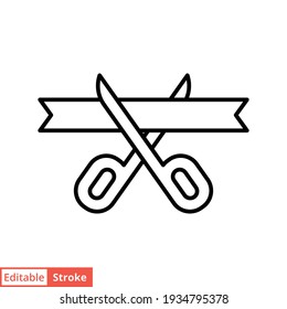 Grand opening line icon. Simple outline style for web and mobile app design element. Open, ribbon, cut, scissor, inauguration, ceremony concept. Vector illustration isolated. Editable stroke EPS 10.