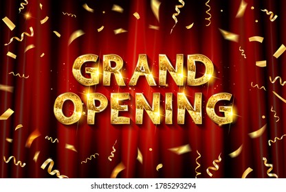 Grand opening logo. Golden foil confetti and glitter gold logo with flourishes ornamental elements on a red curtain background. Vector illustration.