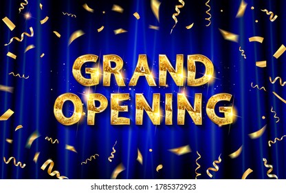 Grand Opening Logo. Golden Foil Confetti And Glitter Gold Logo With Flourishes Ornamental Elements On A Blue Curtain Background. Vector Illustration.