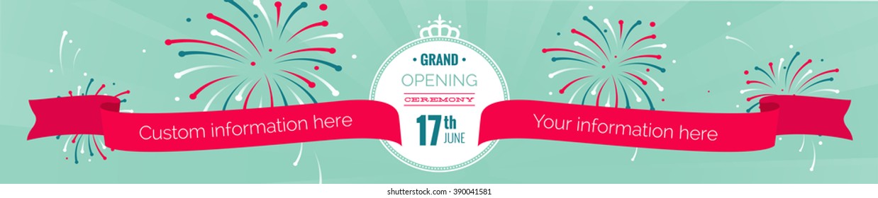 Grand opening long horizontal banner. Text with  fireworks and ribbons. Flat style. Vector Illustration