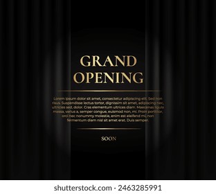 Grand Opening. Luxury banner with black curtain and golden text. Vector illustration