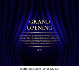 Grand Opening. Luxury banner with blue curtain and golden text. Vector illustration	