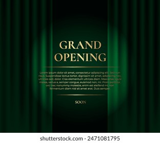 Grand Opening. Luxury banner with green curtain and golden text. Vector illustration