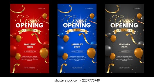 Grand opening luxury banner social media stories collection with golden ribbon and glossy balloons