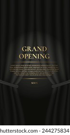 Grand Opening. Luxury vertical banner with black curtain and golden text. Vector illustration