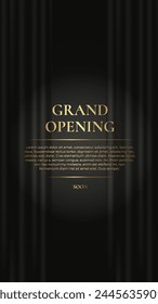 Grand Opening. Luxury vertical banner with black curtain and golden text. Vector illustration