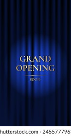 Grand Opening. Luxury vertical banner with blue curtain and golden text. Vector illustration